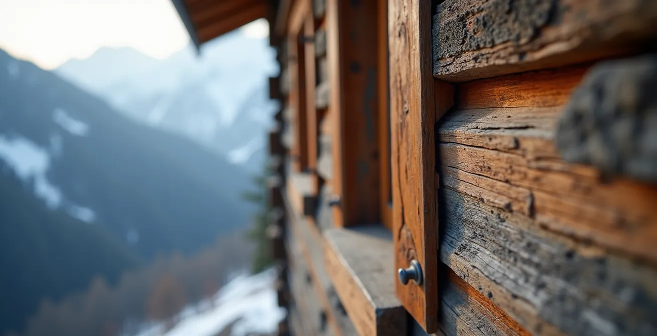 Vue rapprochée d'un chalet traditionnel dans le hameau du Planay avec détails architecturaux