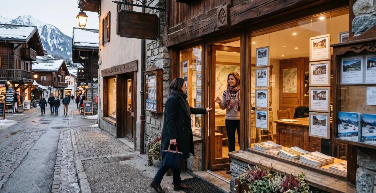 Un client entre dans une petite agence immobilière au village d'une station alpine.
